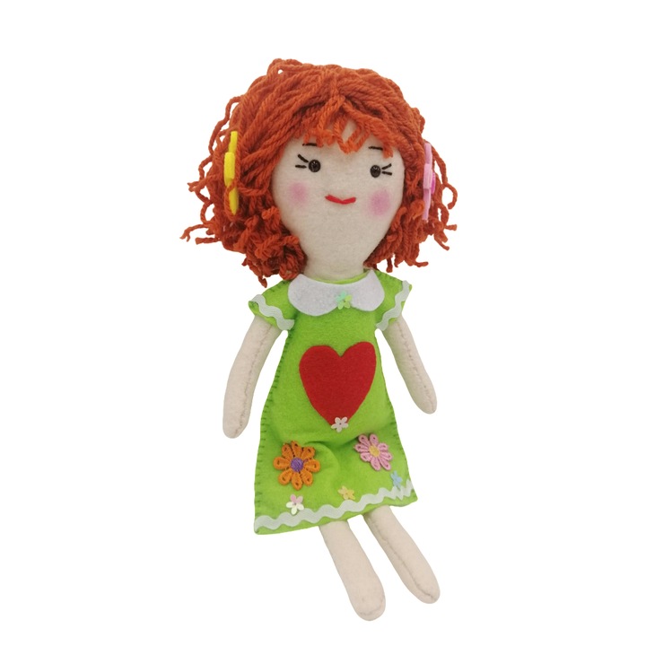 Papusa cu par scurt roscat, cu rochie verde, din fetru