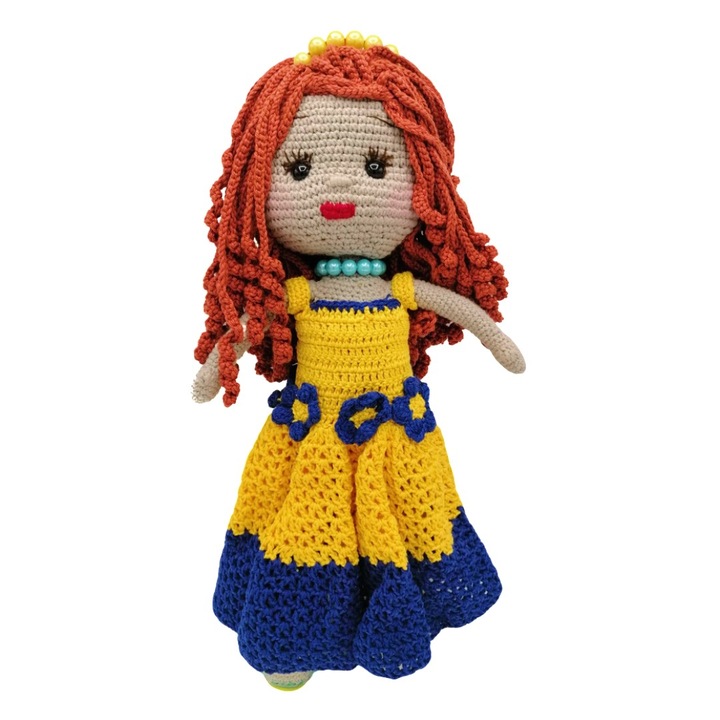 Papusa printesa cu parul maro lung, cu rochie galbena - albastru