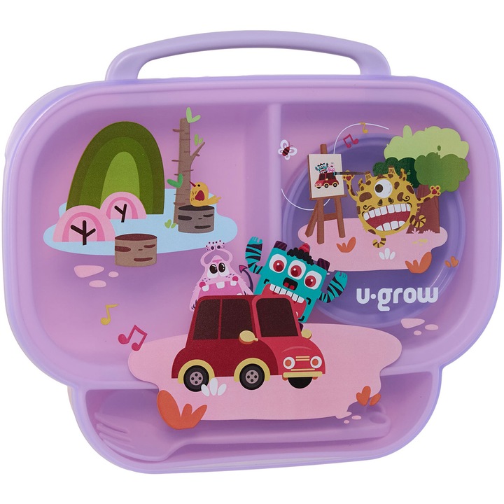 Farfurie compartimentata cu capac si lingurita si furculita pentru copiin U-Grow, mov