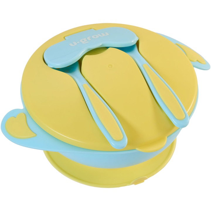 Bol compartimentat cu ventuza antialunecare si capac cu lingurita cu furculita pentru copii U-Grow, albastru