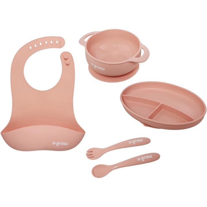 Set diversificare 5 piese din silicon pentru bebelusi U-Grow, contine baveta, bol, farfurie, lingurita si furculita, roz