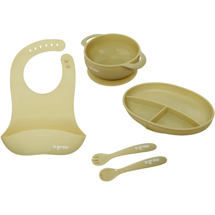 5 részes diverzifikációs készlet, szilikonból U-Grow babáknak, előke, tál, tányér, kanal és villa, olajbogyó tartalma