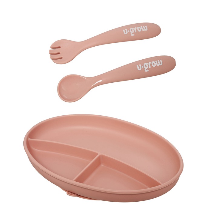 Szilikon kanál és villa készlet babáknak, U-Grow, rózsaszín