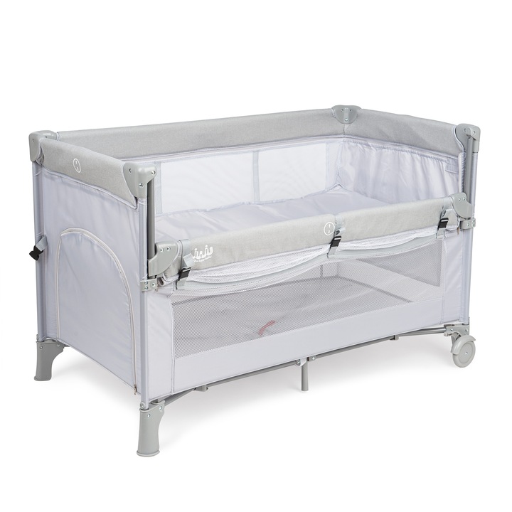 Туристическо сгъваемо легло за бебета и деца Juju Dreamy Cloud, 2 нива, преносимо, 125x65 см, междинен под за новородени, плъзгаща се страна, матрак, страничен джоб, транспортна чанта, Сиво