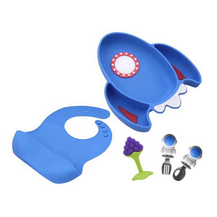 Etetőkészlet, változatos csecsemőknek és gyerekeknek, Rocket and Astronaut formában, 6+ hónapos, Glossyss™, nem mérgező, BPA-mentes, allergénmentes, tapadókorongos tányérból, állítható előke, kanál, villa , és fogzási játék , kék
