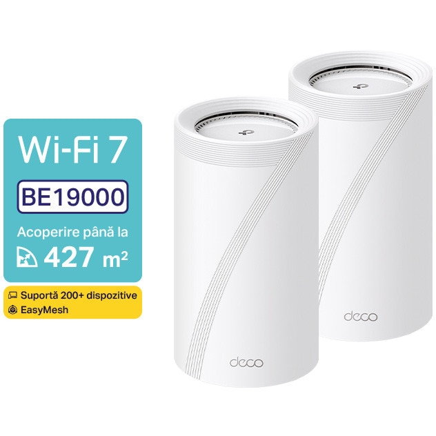 Sistem Mesh Wi-Fi TP-Link Deco BE85(2-pack), BE19000, Tri-Band, Wi-Fi 7, MLO, HomeShield, 2 porturi 2.5G, port 10G, 1 port SFP+ 10G, cu acoperire pentru intreaga casa