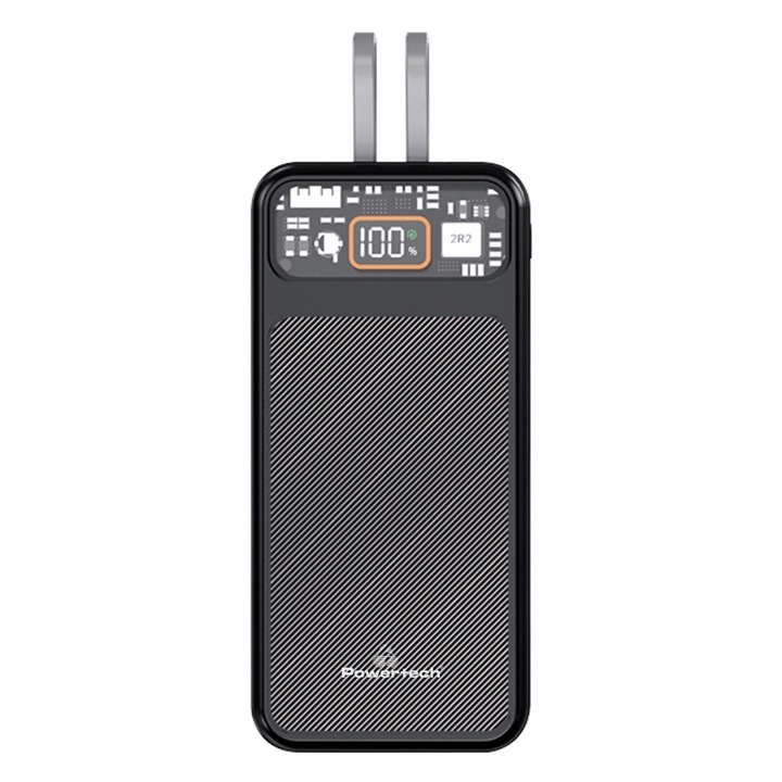 Külső akkumulátor 10 000 mAh kijelzővel, POWERTECH PT-1135, 2 beépített USB-C és Lightning kimeneti kábel, 1x USB kimenet és 1x USB-C kimenet, 1x Micro USB bemenet és 1x USB-C bemenet, 22,5 W, fekete