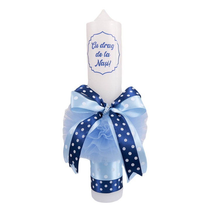 Lumanare botez, model Cu drag de la nasi, glob culoare bleu