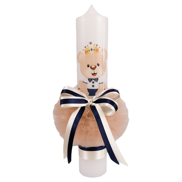 Lumanare botez, model Ursulet, glob culoare crem