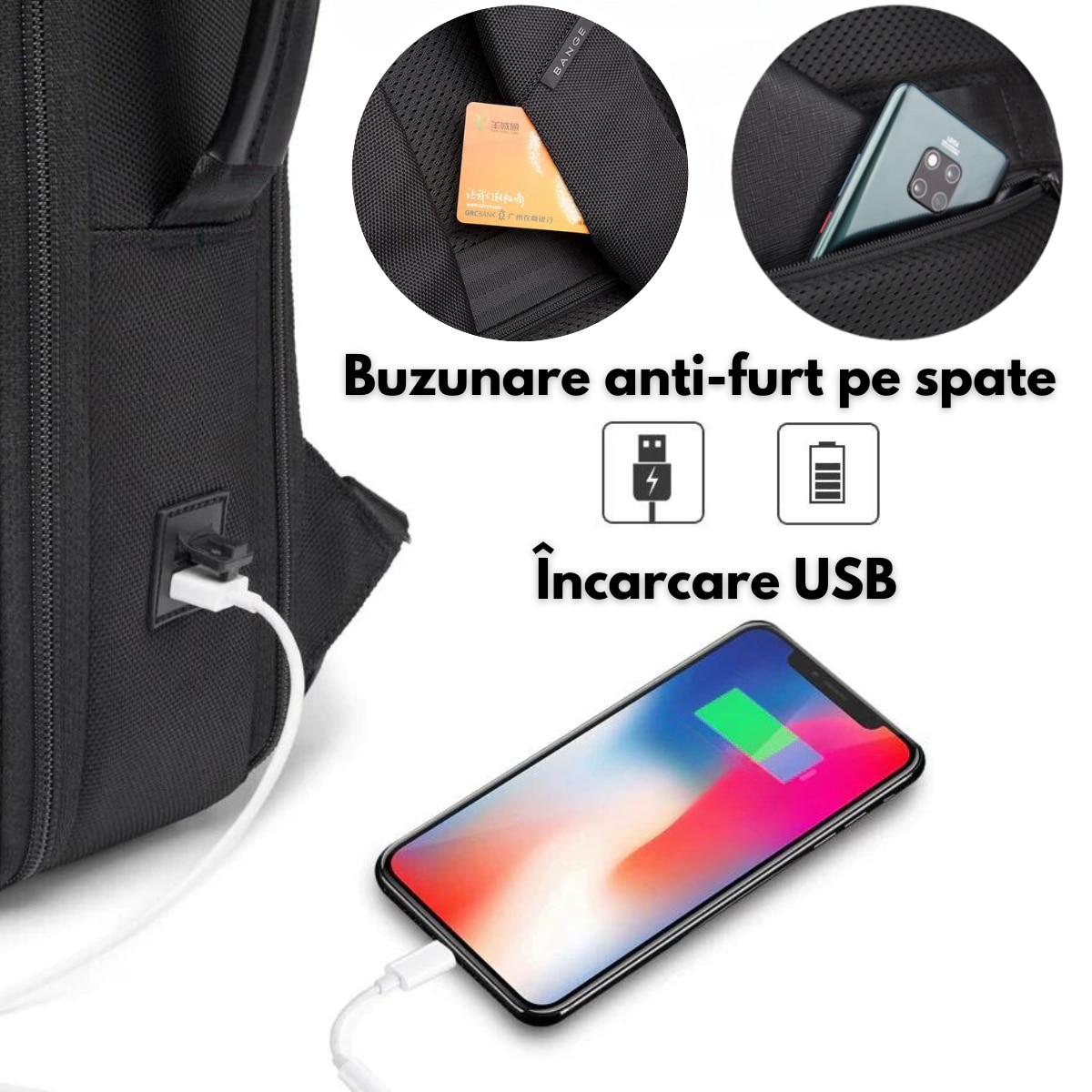 Rucsac Multifunctional pentru Laptop de 15.6 inch, de Calatorie, BANGE, Extensibil cu Port de Incarcare USB integrat, Design Casual, Buzunare Multiple, Impermeabil, Rezistent la uzura, 43x31x16 cm, Negru