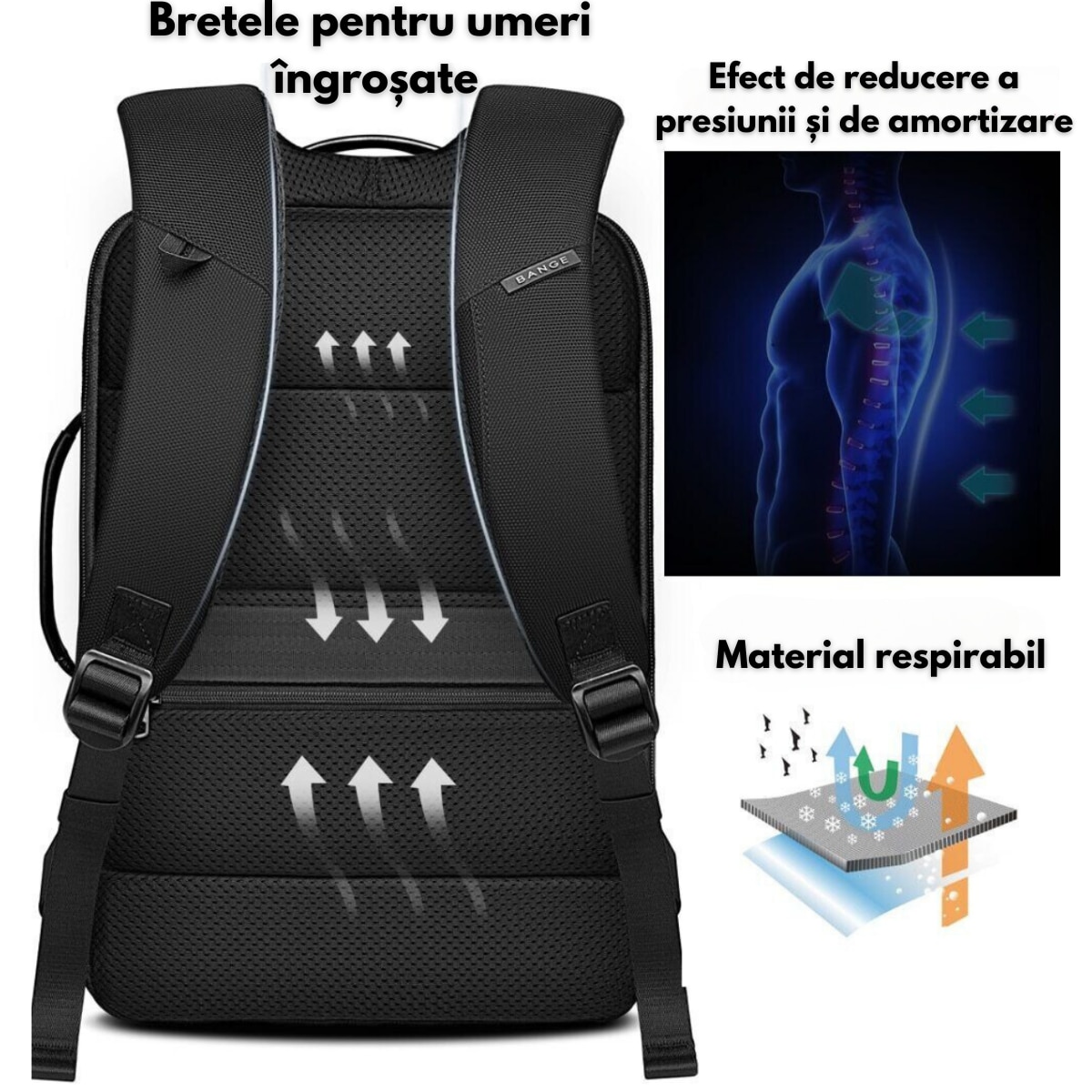 Rucsac Multifunctional pentru Laptop de 15.6 inch, de Calatorie, BANGE, Extensibil cu Port de Incarcare USB integrat, Design Casual, Buzunare Multiple, Impermeabil, Rezistent la uzura, 43x31x16 cm, Negru