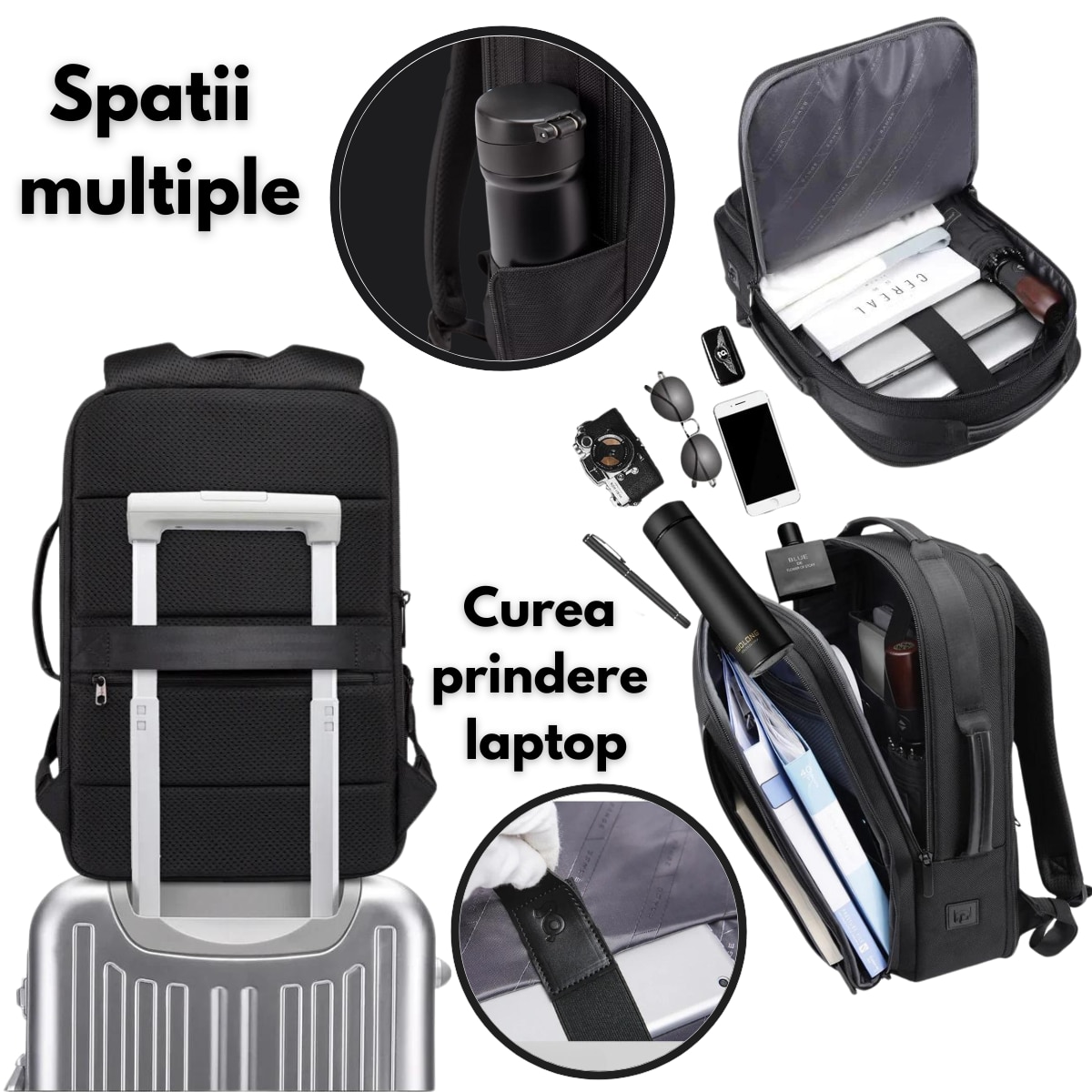 Rucsac Multifunctional pentru Laptop de 15.6 inch, de Calatorie, BANGE, Extensibil cu Port de Incarcare USB integrat, Design Casual, Buzunare Multiple, Impermeabil, Rezistent la uzura, 43x31x16 cm, Negru