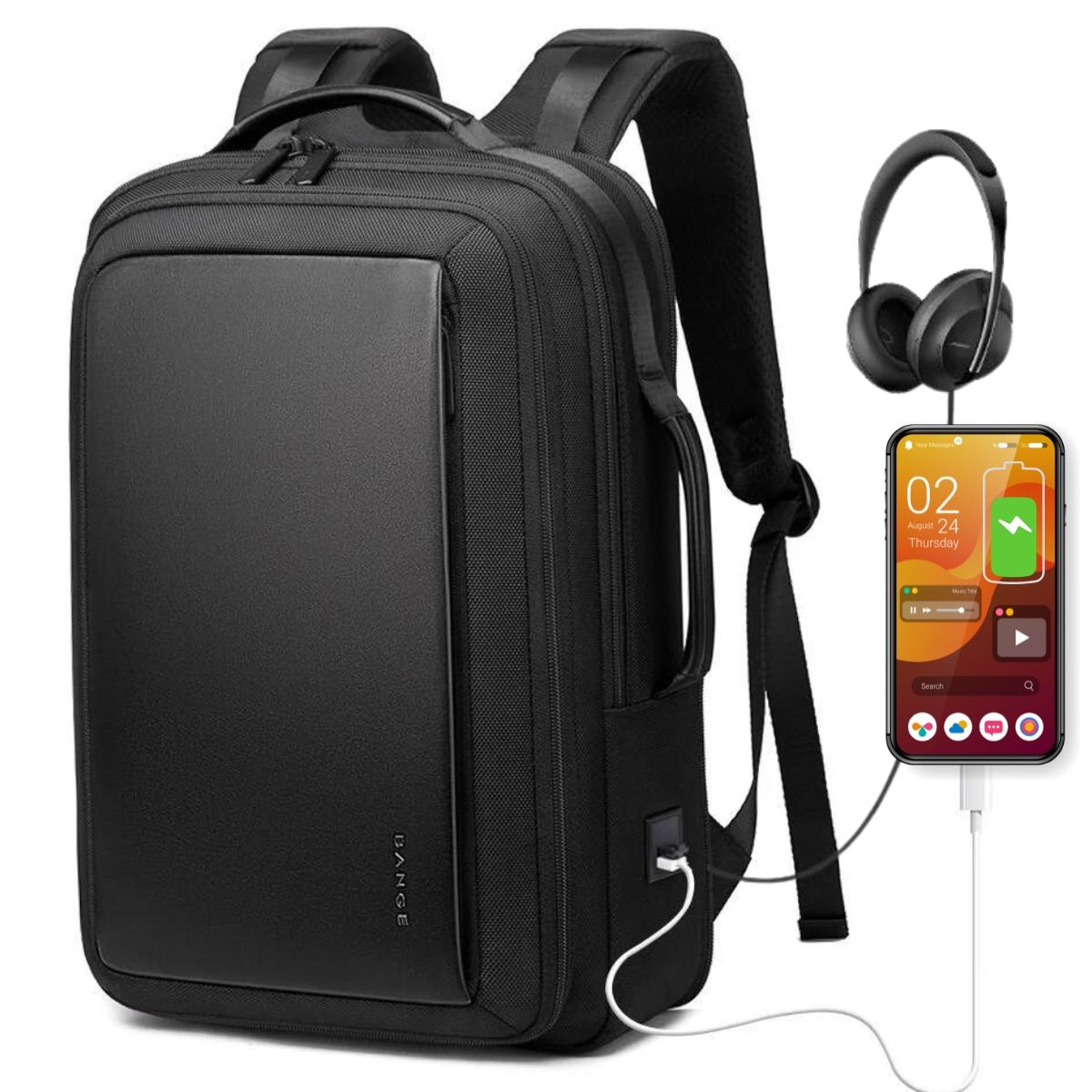 Rucsac Multifunctional pentru Laptop de 15.6 inch, de Calatorie, BANGE, Extensibil cu Port de Incarcare USB integrat, Design Casual, Buzunare Multiple, Impermeabil, Rezistent la uzura, 43x31x16 cm, Negru