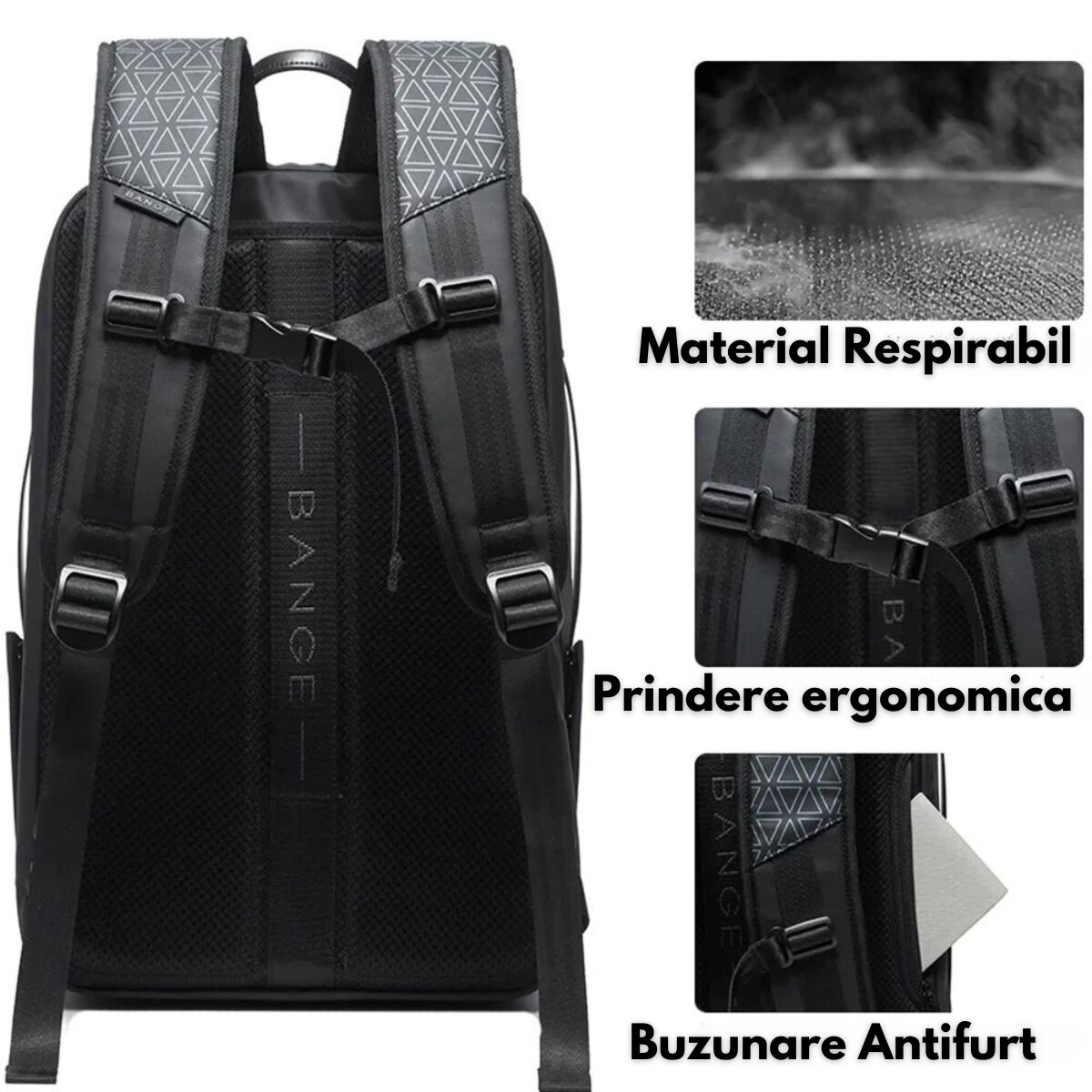 Rucsac pentru Laptop de 15.6 inch Multifunctional, pentru Calatorie, Extensibil de la 27L la 39L, BANGE, Impermeabil, Capacitate retractabila, Design Casual cu Compartimente Multiple si Port Incarcare USB, Rezistent la Uzura, 49x31x18 cm, Negru