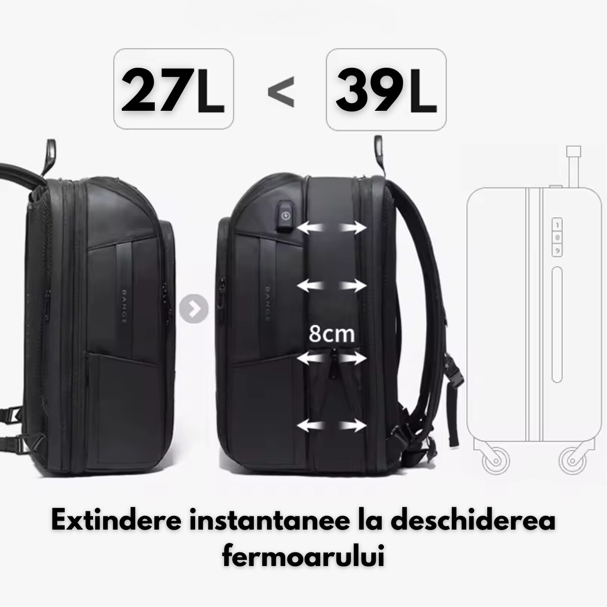 Rucsac pentru Laptop de 15.6 inch Multifunctional, pentru Calatorie, Extensibil de la 27L la 39L, BANGE, Impermeabil, Capacitate retractabila, Design Casual cu Compartimente Multiple si Port Incarcare USB, Rezistent la Uzura, 49x31x18 cm, Negru