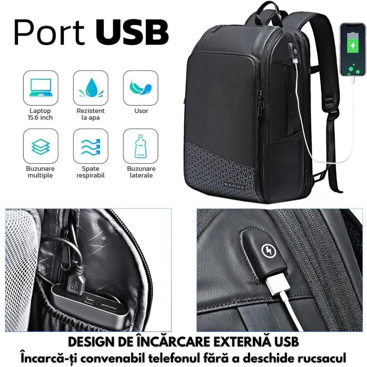 Rucsac pentru Laptop de 15.6 inch Multifunctional, pentru Calatorie, Extensibil de la 27L la 39L, BANGE, Impermeabil, Capacitate retractabila, Design Casual cu Compartimente Multiple si Port Incarcare USB, Rezistent la Uzura, 49x31x18 cm, Negru