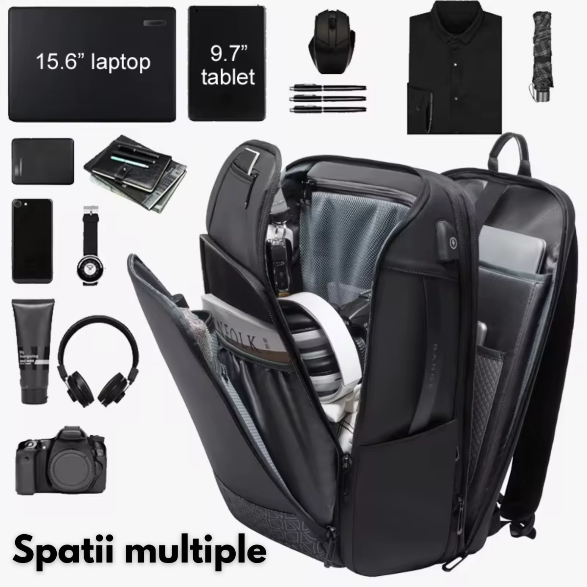 Rucsac pentru Laptop de 15.6 inch Multifunctional, pentru Calatorie, Extensibil de la 27L la 39L, BANGE, Impermeabil, Capacitate retractabila, Design Casual cu Compartimente Multiple si Port Incarcare USB, Rezistent la Uzura, 49x31x18 cm, Negru