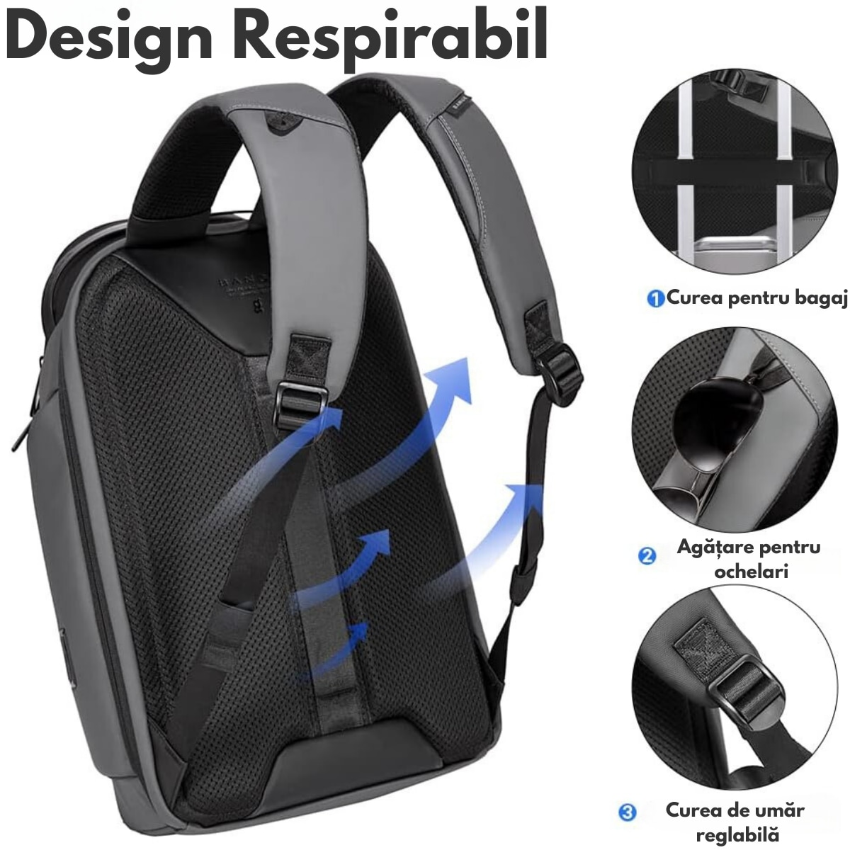 Rucsac Multifunctional pentru Laptop de 15.6 inch, de Calatorie Unisex, Design Smart Casual, cu multiple Compartimente si deschidere 180°, Buzunar Anti Soc, Protectie Superioara BANGE, Impermeabil, Port incarcare USB, pentru Business, 44x31x15 cm, Gri