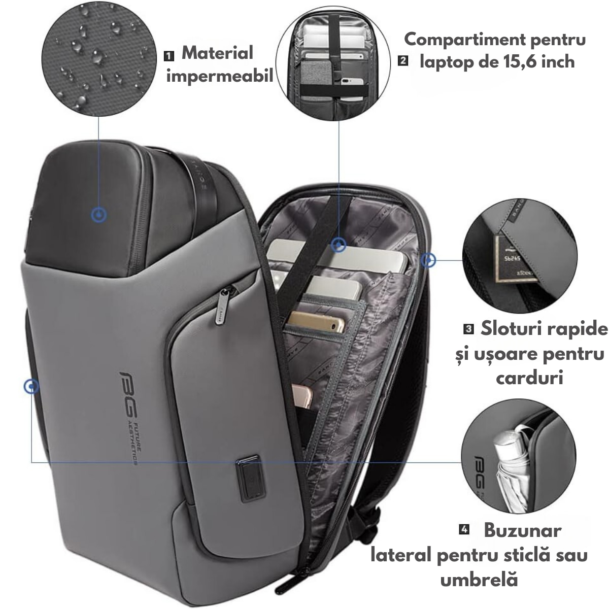 Rucsac Multifunctional pentru Laptop de 15.6 inch, de Calatorie Unisex, Design Smart Casual, cu multiple Compartimente si deschidere 180°, Buzunar Anti Soc, Protectie Superioara BANGE, Impermeabil, Port incarcare USB, pentru Business, 44x31x15 cm, Gri