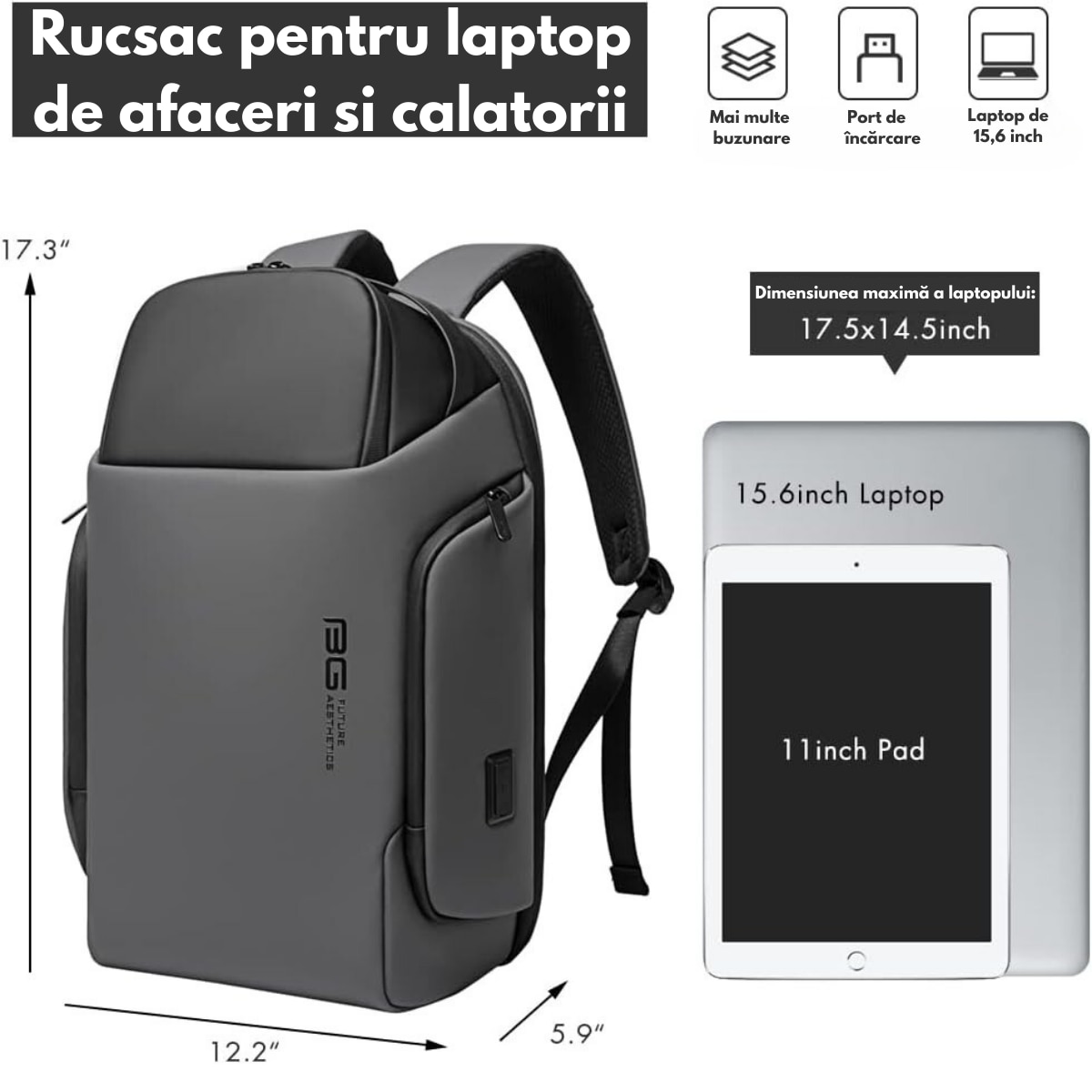 Rucsac Multifunctional pentru Laptop de 15.6 inch, de Calatorie Unisex, Design Smart Casual, cu multiple Compartimente si deschidere 180°, Buzunar Anti Soc, Protectie Superioara BANGE, Impermeabil, Port incarcare USB, pentru Business, 44x31x15 cm, Gri