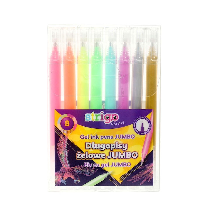 Гел химикалки Strigo Jumbo 8 цвята неон/металик 0.8мм