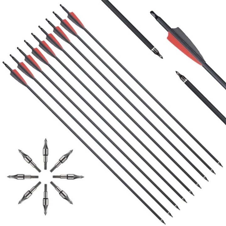 Set 12 Sageti pentru arc, Carbon, 30 inch, Spine 500-550, Negru / Portocaliu