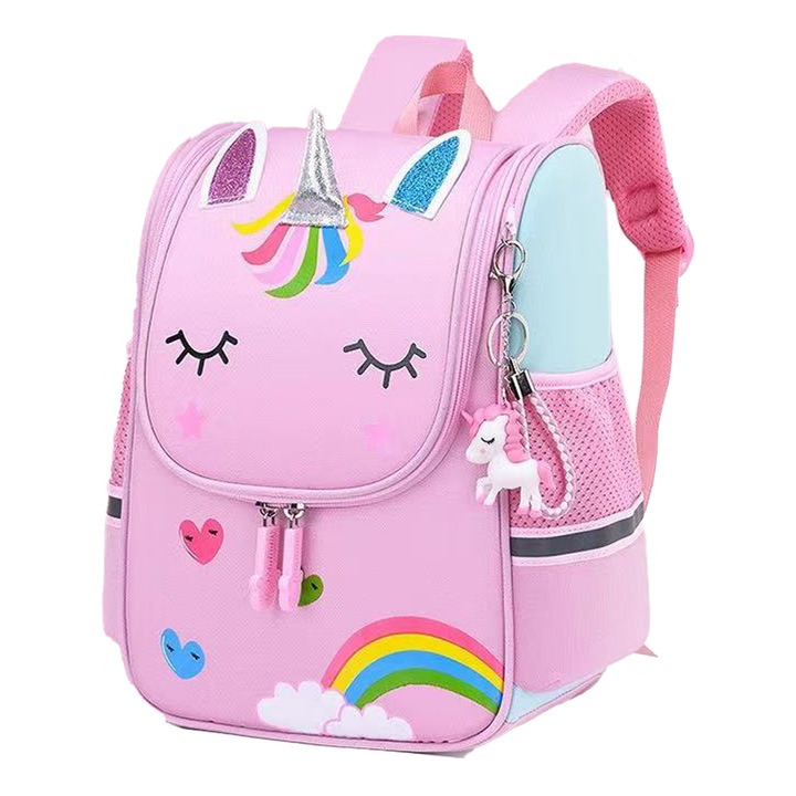 Ghiozdan pentru scoala primara, impermeabil, model Unicorn, ZY-559, roz, 38 x 30 x 15 cm