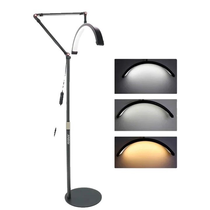LED videolámpa, állítható színhőmérséklet, 360 fokban forgatható, telefontartó, fekete, 54-100,5cm