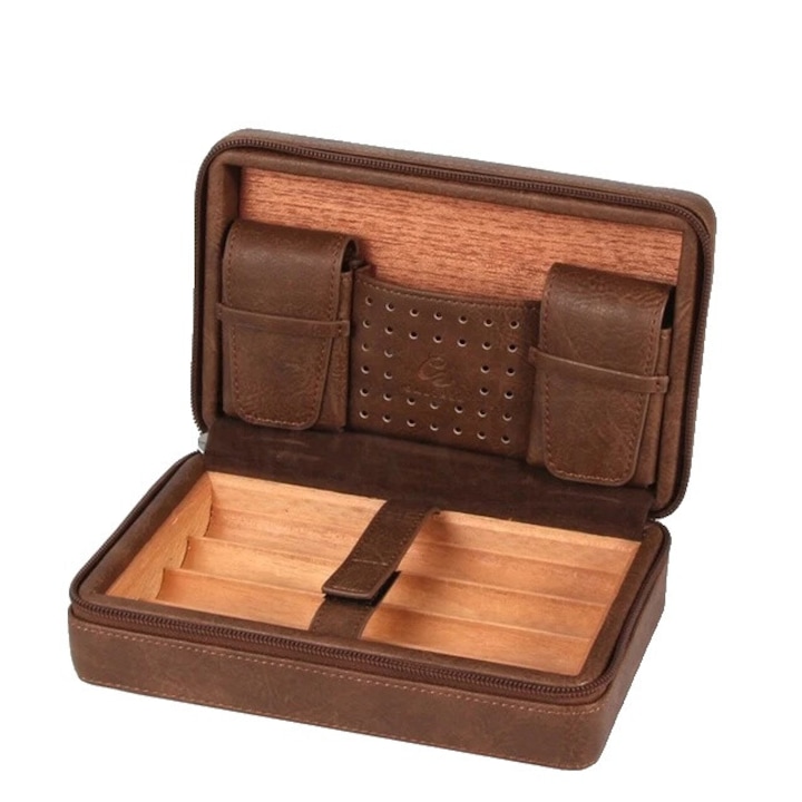 Set umidificator portabil pentru trabucuri, Galiner, lemn de cedru/piele, maro, 127x77x20mm, capacitate 4 trabucuri, cutie cadou