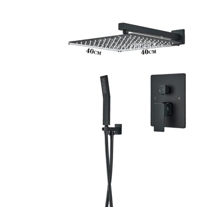 Baterie sanitara pentru dus, finisaj negru mat, cap de dus cu LED, 2 cai, 16 inch, montare pe perete