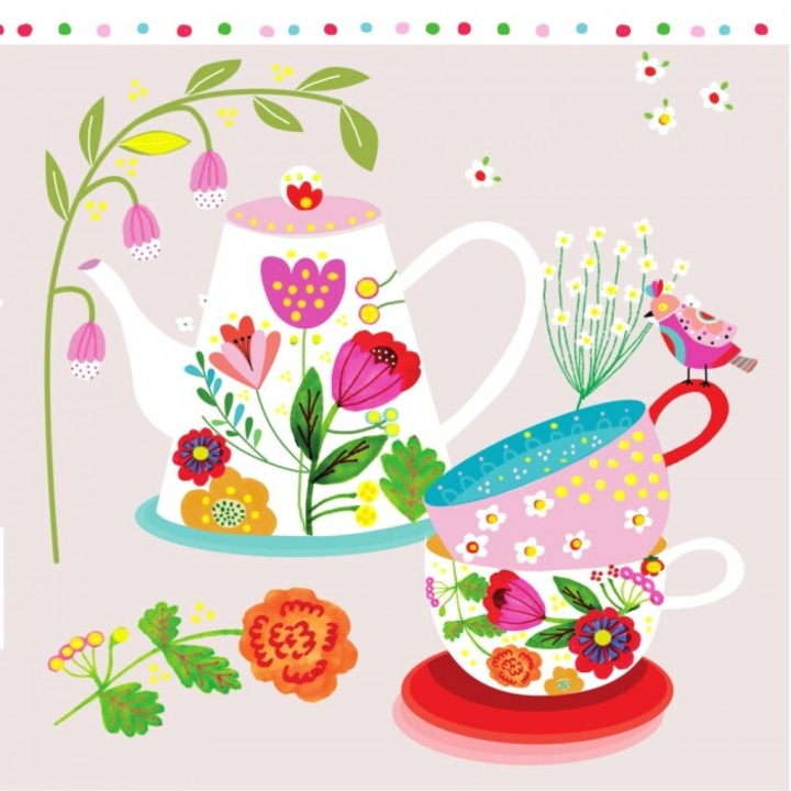 Felicitare patrata Henry Filizanki, taietura relief, argintiu, 15x15cm, set cu plic