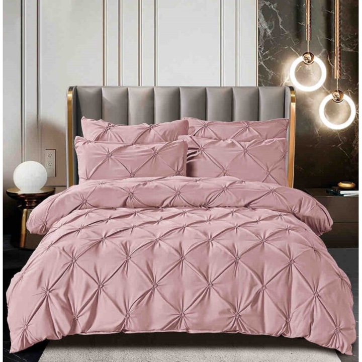 Lenjerie de pat dublu, Jojo Home, Uni, Model Pliuri Brodate, 6 piese, Finet, 160x200cm, Roz