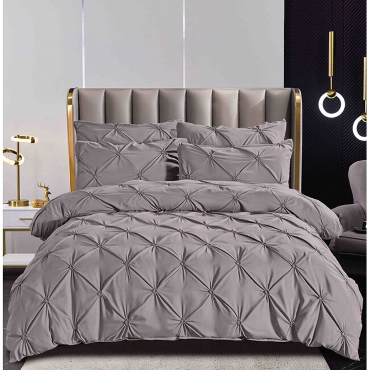 Двойно спално бельо, Jojo Home, Uni, Бродирано плисе, 6 части, Finet, 160x200 см, сиво
