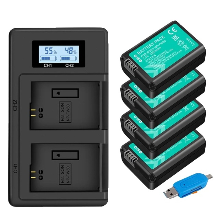 Комплект от 4 батерии NP-FW50 и USB LCD зарядно, PALO, съвместим Sony Alpha, 2250mAh, 7.2V, преносим