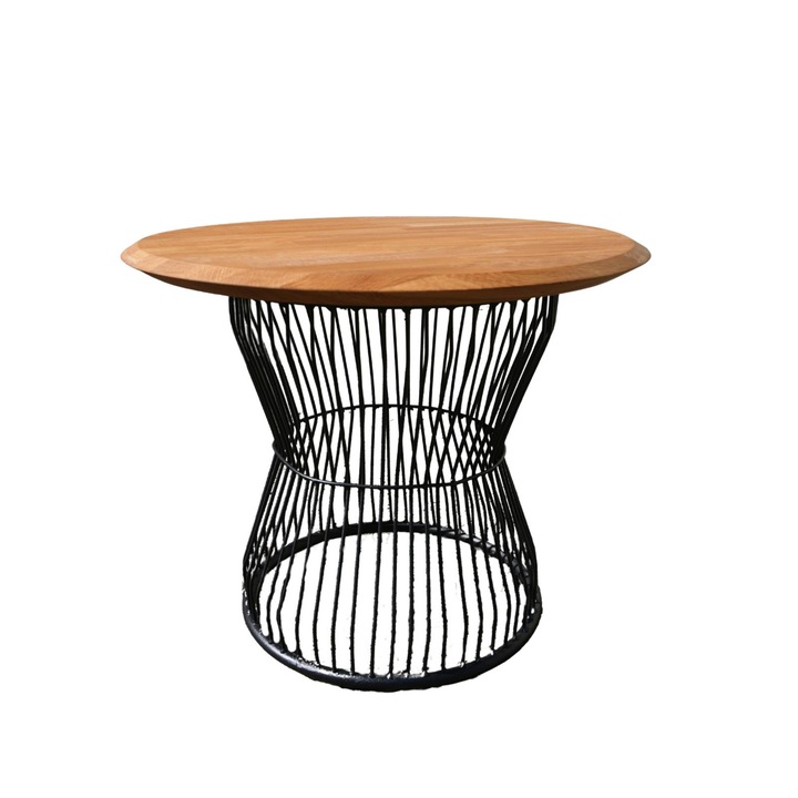 Masa rotunda cafea din lemn stejar, finisaj lamela, uleiat profesional picior metalic, 55x45 cm