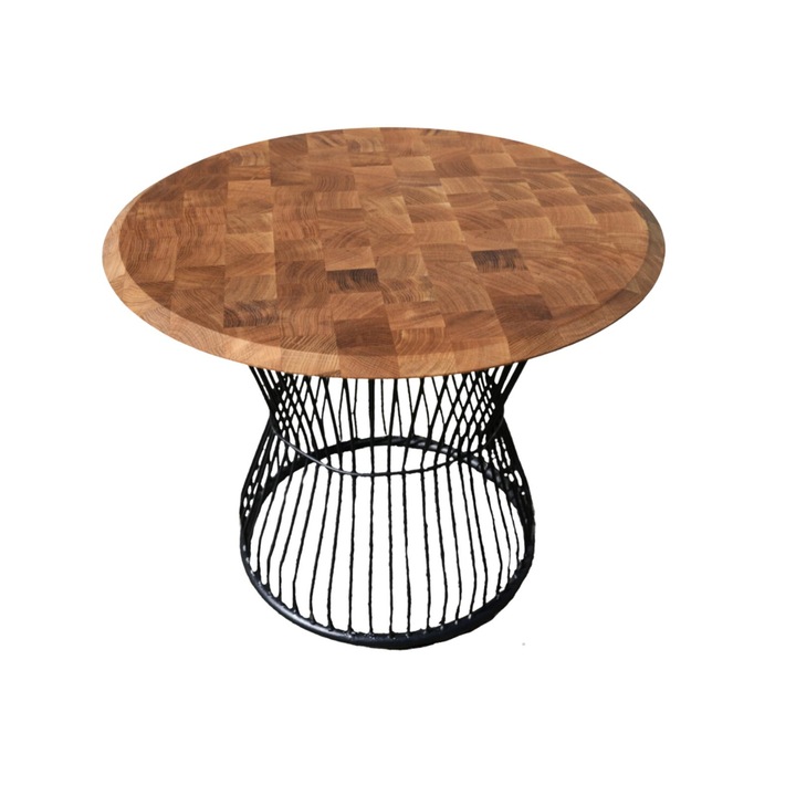 Masa rotunda cafea din lemn stejar, finisaj end grain, uleiat profesional picior metalic, 55x45 cm
