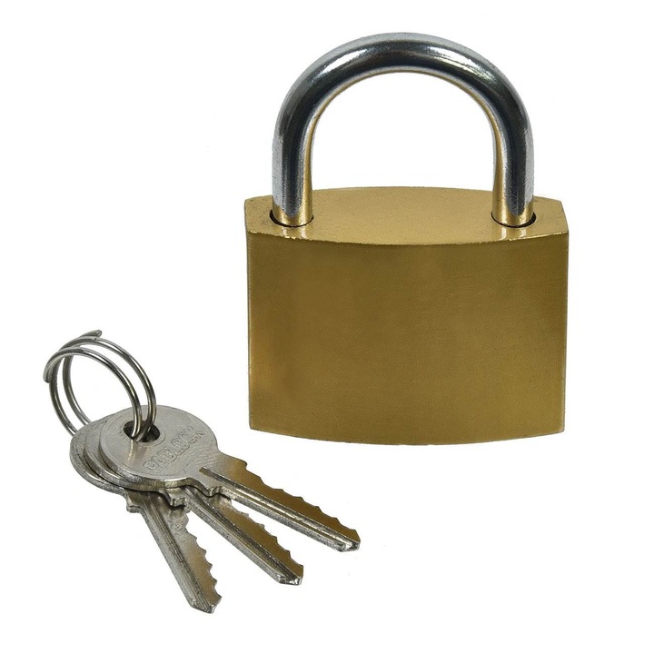 Lacat din zinc Shopiens®, 50 mm, de culoare aurie, cu carlig de otel si 3 chei