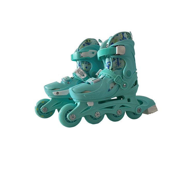 Set role Fly Skates-marimea S(29-32) reglabile, cu patru roti, casca si protectii, Verde