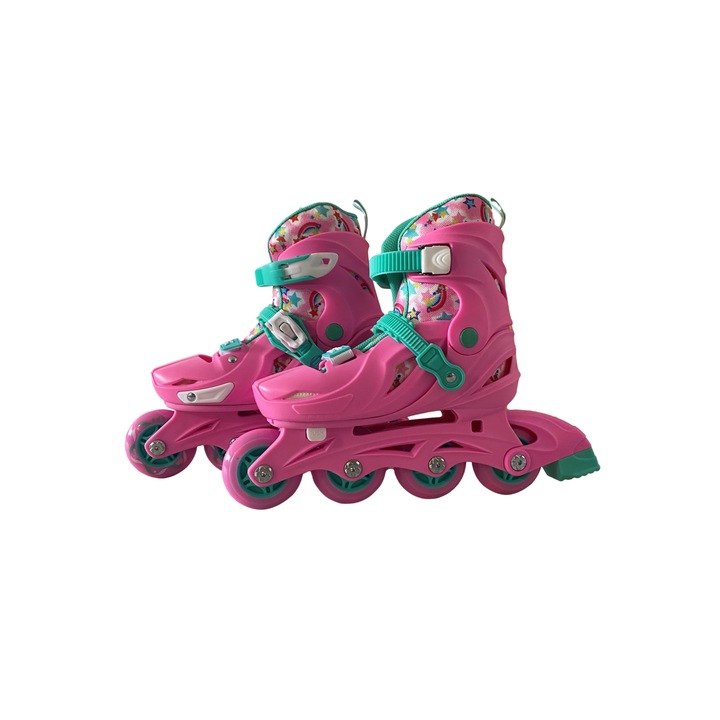Set role Fly Skates-marimea S(29-32) reglabile, cu patru roti, casca si protectii, Roz