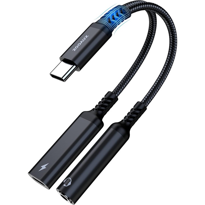 Аудио и адаптер за зареждане, USB тип C към жак 3,5 mm, PD 60 W, черен, универсално съвместим