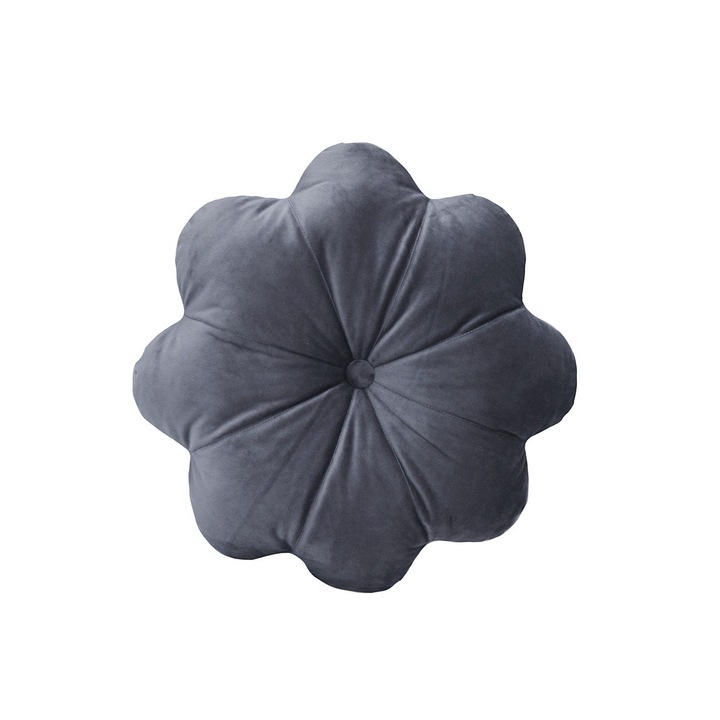 Perna Decorativa Puffet Floare din Catifea Gri Inchis, 45 cm Diametru