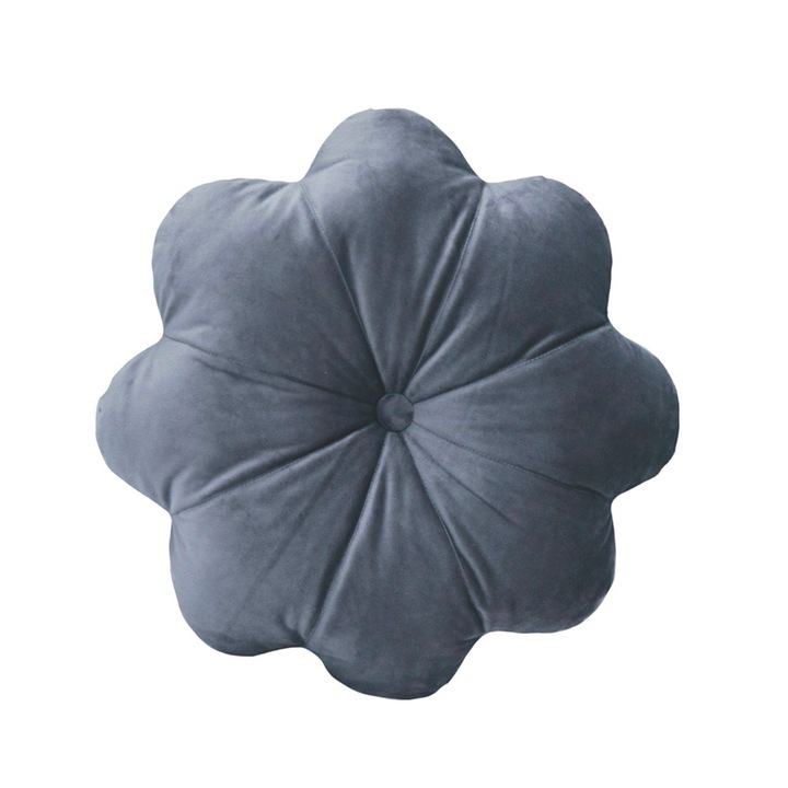 Декоративна възглавница тип пуфет с цветя от тъмно сиво кадифе, 45 см диаметър