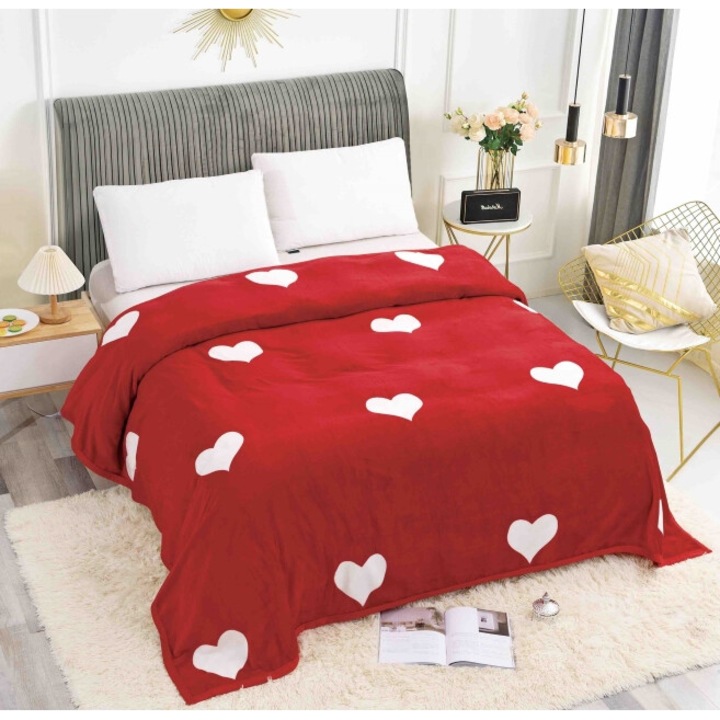 Patura Cocolino, Jojo Home, 2 persoane, 200x230cm, Imprimeu Inimi, Rosu-Alb