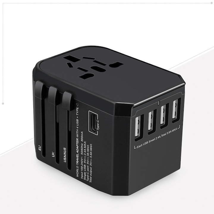 Univerzális utazási adapter, globális konverzió, 4 USB-A port, 1 USB-C port, fekete, 55x53x74mm