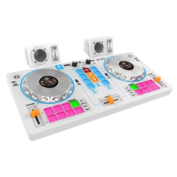 Детски DJ пулт iDance, 14 в 1, контролер, с тонколони, бял