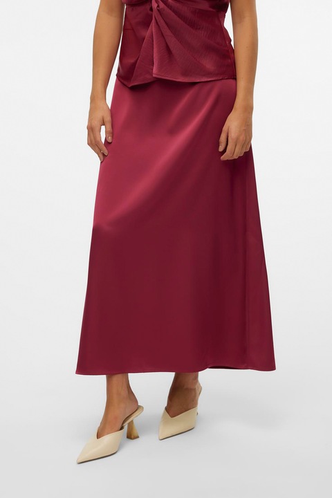 Vero Moda, Fusta maxi cu aspect de satin si croiala pe bie, Rosu inchis, S