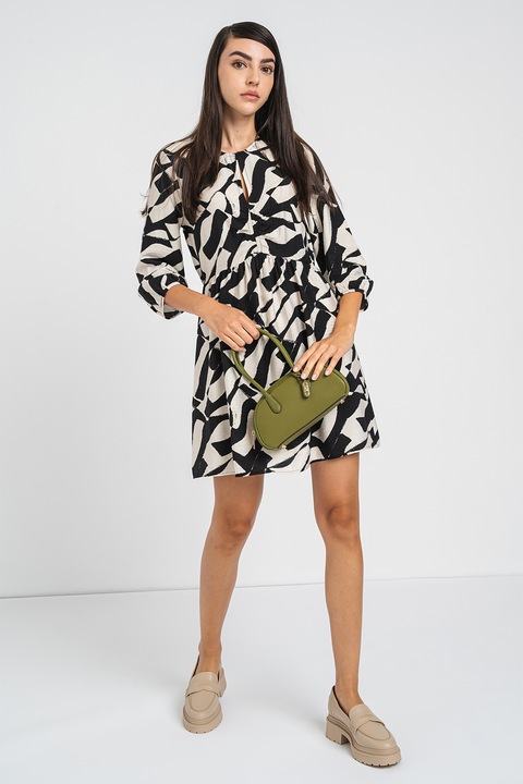 Vero Moda, Rochie evazata cu maneci trei sferturi Joss, Negru, Alb murdar, XS