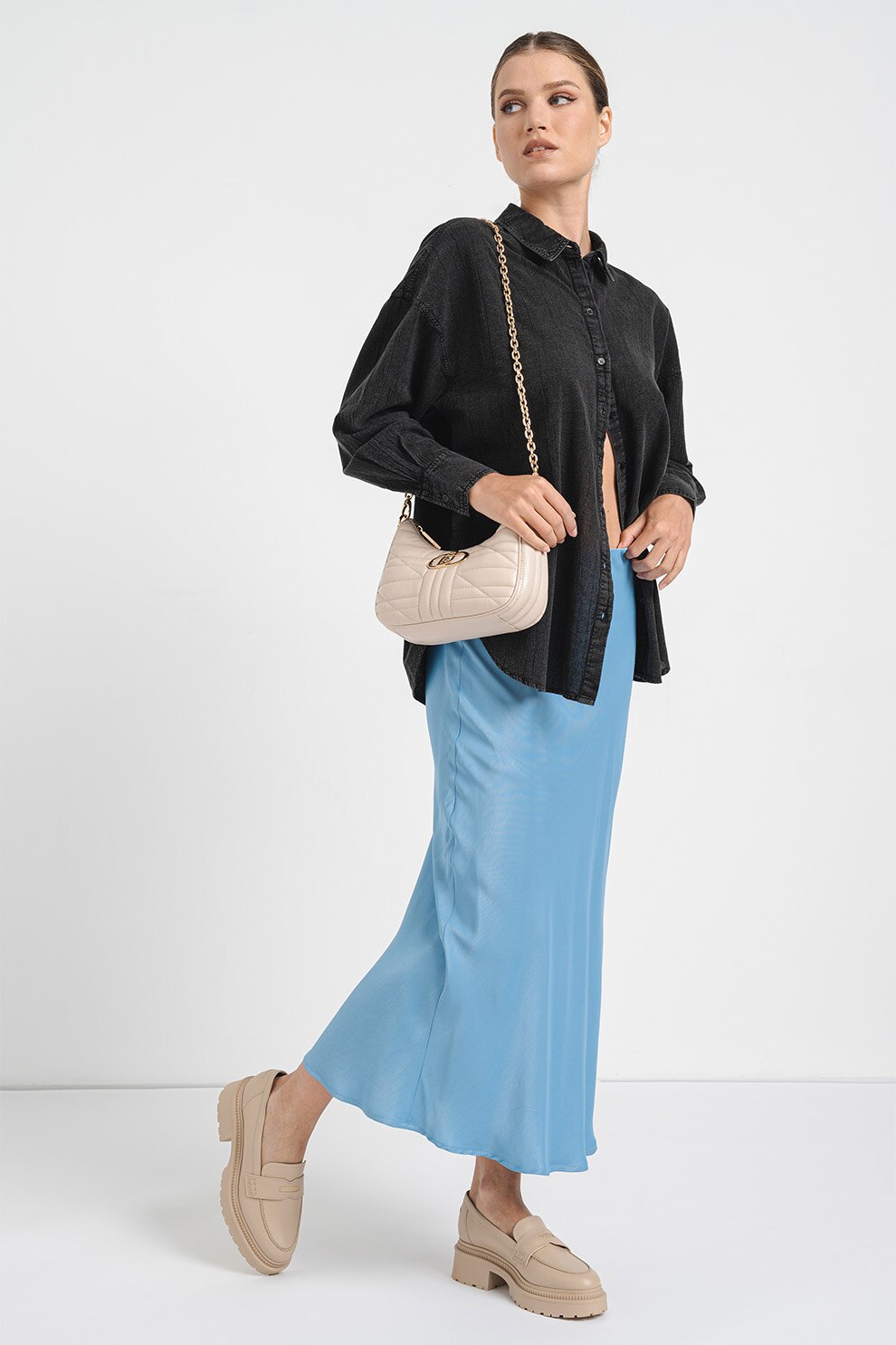 Vero Moda, Camasa de bumbac cu maneci cazute, Negru stins, L
