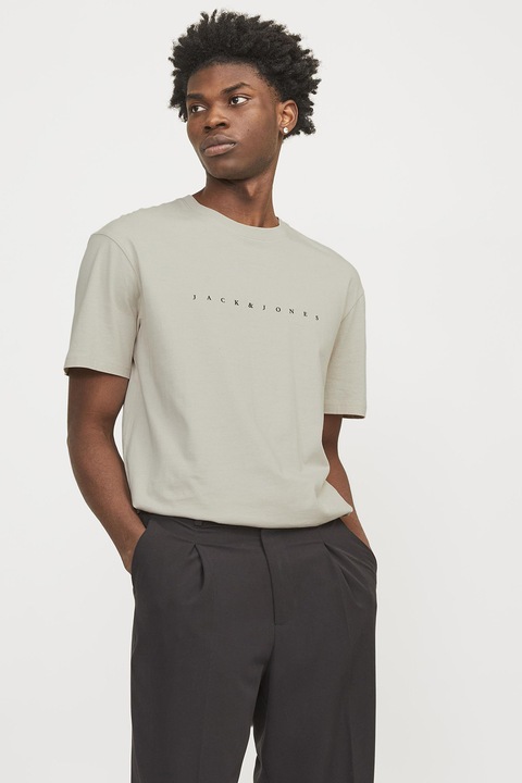 Jack & Jones, Тениска с овално деколте и лого, Светло бежово