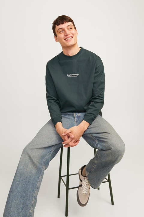 Jack & Jones, Bluza de bumbac cu decolteu la baza gatului, Verde padure